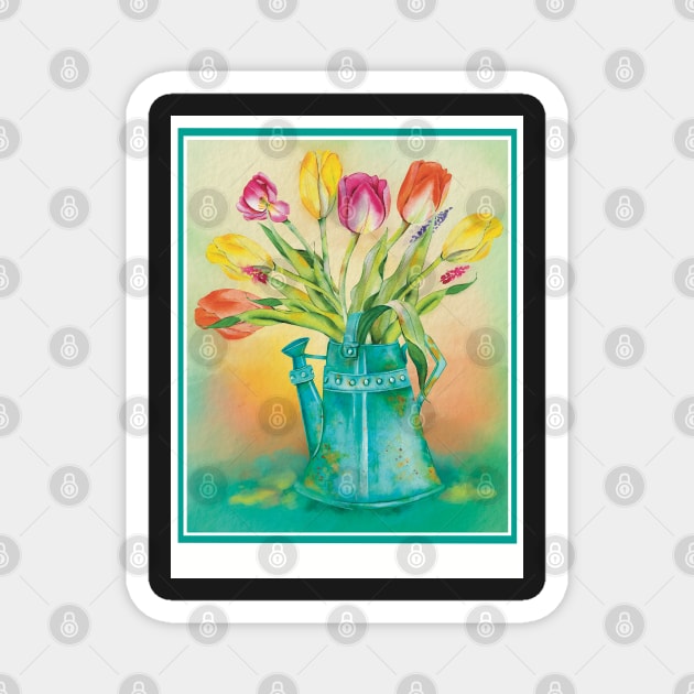 Lovely fresh colorful tulips in an vintage watering can, water color Magnet by marina63