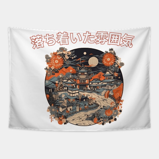 Ukiyo-e Tranquility: Serene Village Landscape Tapestry by WabiSabi Wonders