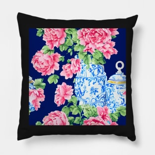 Roses in chinoiserie jar on navy blue background Pillow