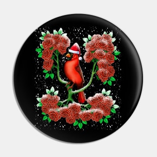 Red Cardinal bird in rose flowers  snow winter Christmas Pin