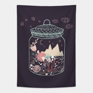 Small magical worlds: Moonrise over mountains (world in a jar) Tapestry