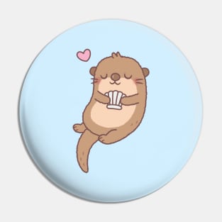 Cute Little Otter Holding A Seashell Pin