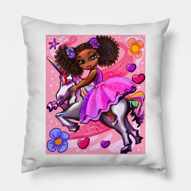 Curly hair Princess on a unicorn pony 3 - black girl with curly afro hair on a horse. Black princess Pillow by Artonmytee