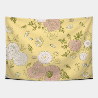 Timeless Floral Wallpaper: Delicate Hand-Drawn Daisies and Roses on Pale Yellow. Tapestry