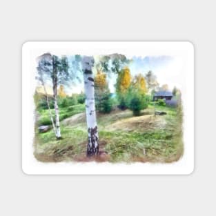 Summer landscape with birches. Magnet