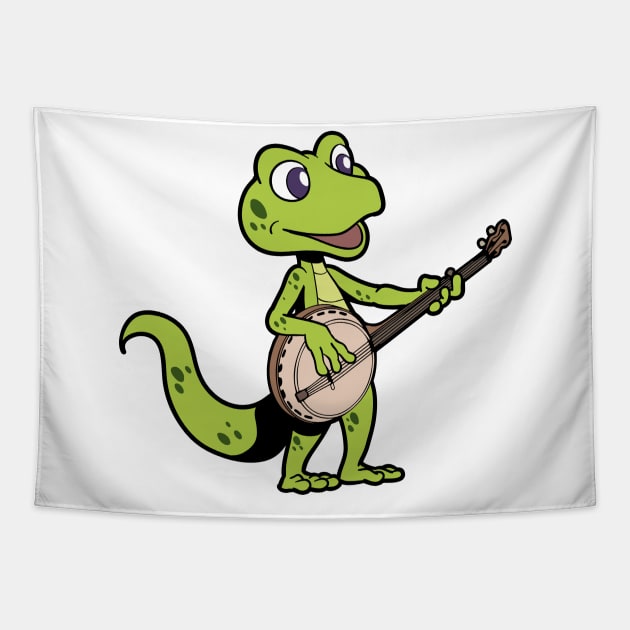 Comic gecko playing banjo Tapestry by Modern Medieval Design
