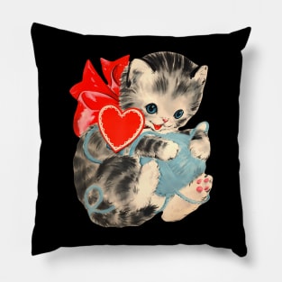 Vintage Valentines Day Kitty Cat Yarn Cute Retro Valentine Pillow