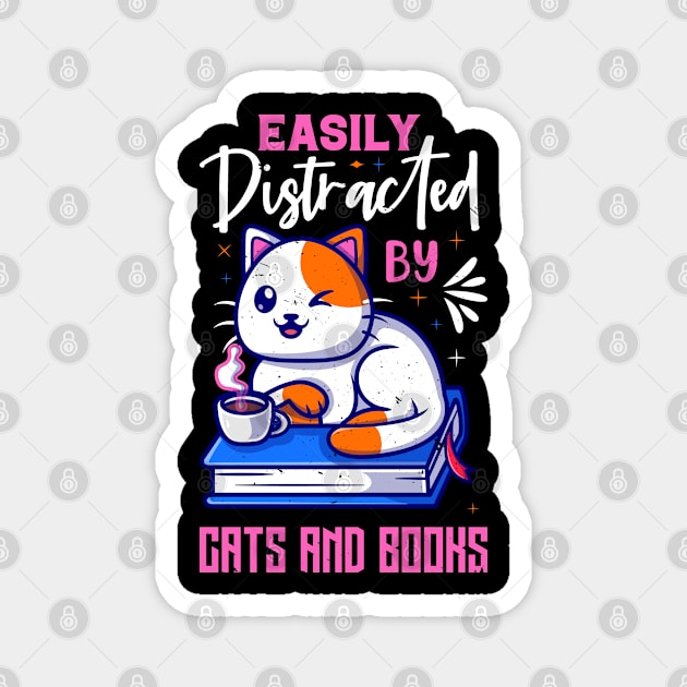 Easily Distracted by Cats and Books Funny Cat Lover Magnet by Rosemat