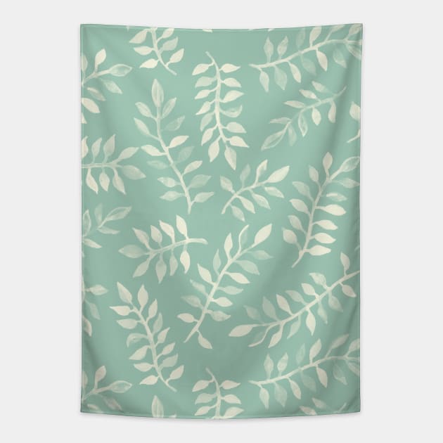 Painted Leaves - a pattern in cream on soft mint green Tapestry by micklyn