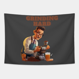 Coffee based design with a grinding reference to hard work Tapestry