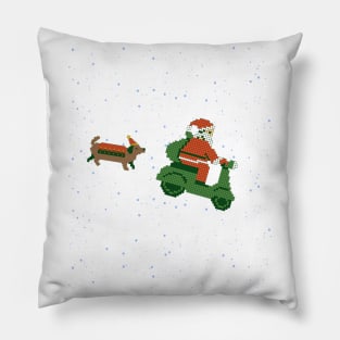 Dog elf and santa on bike Pillow