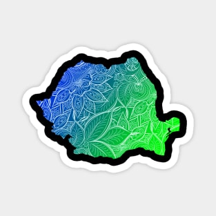 Colorful mandala art map of Romania with text in blue and green Magnet