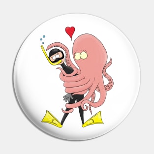 Funny octopus hugs diver cartoon humour Pin