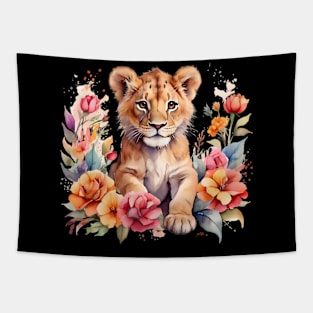 A lion cub decorated with beautiful watercolor flowers Tapestry