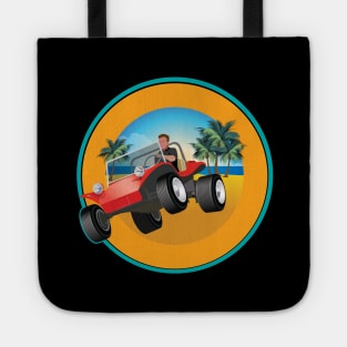 Red Dune Buggy Jumps over Dune with Palms & Beach Tote