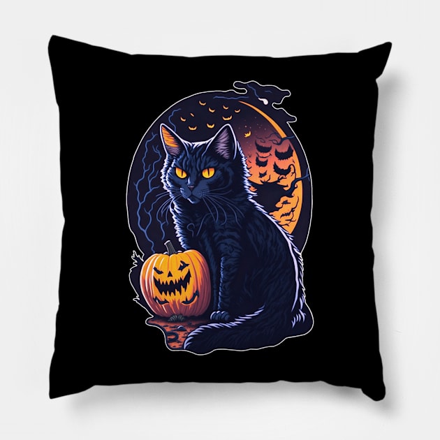 Halloween Black Cat with Pumpkin - Retro Meowloween Pillow by Cattingthere