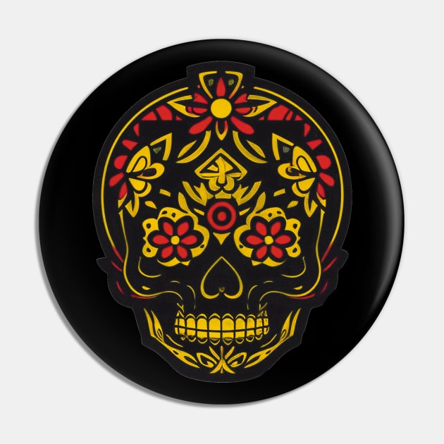 Regal Elegance: A Striking Black, Red, and Gold Sugar Skull Art Pin by ImaginativeInkPOD