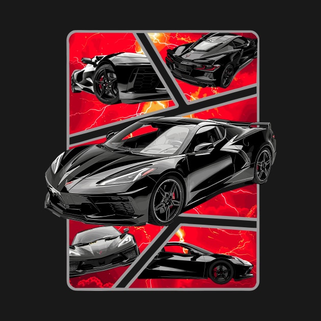 Multiple Angles of the Black C8 Corvette Presented In A Bold Vibrant Panel Art Display Supercar Sports Car Racecar Torch Black Corvette C8 by Tees 4 Thee