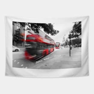 Red double-decker bus on the street of London Tapestry