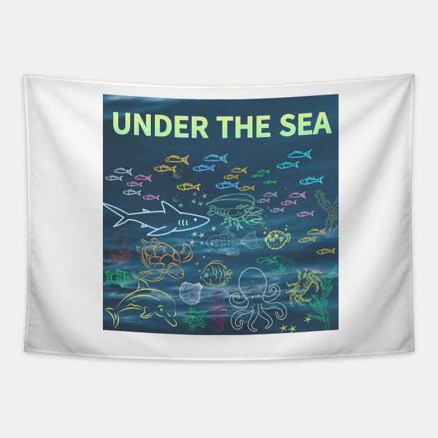 under the sea,blue sea,sea creatures,Turtle, puffer fish, starfish, shrimp, shark, tropical fish, sea horse, seaweed, sardines, squid, crabs, clams Tapestry by zzzozzo