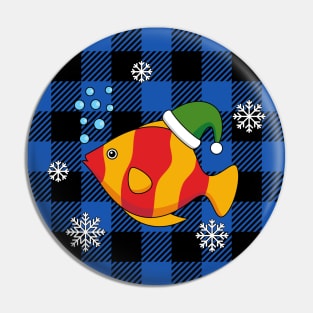 Xmas Tropical Fish Cartoon on Blue Buffalo Pattern Pin