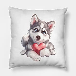 Valentine Siberian Husky Holding Heart Pillow