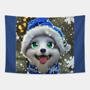 Cute blue eyed anime Christmas dog Tapestry