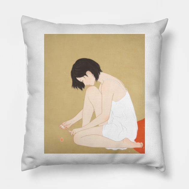 A woman painting a pedicure Pillow by saitmy