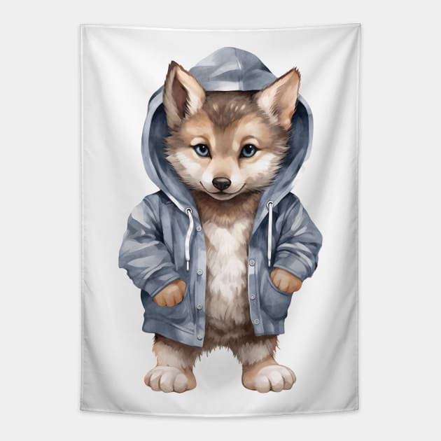 Gray Wolf Wearing Hoodie Tapestry by Chromatic Fusion Studio