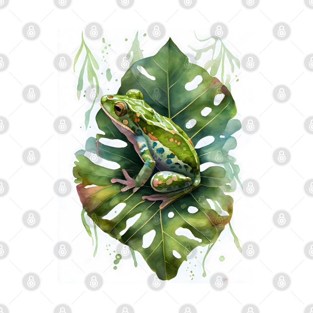 Green Frog on a Leaf Watercolor Design by designs4days