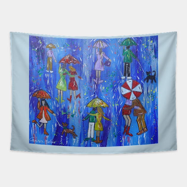 Colourful Umbrellas in a blue Sky Tapestry by Casimirasquirkyart