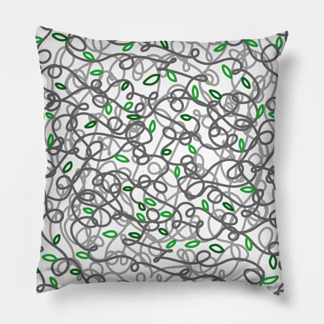 Loopy Twisted Tangled Vines and Leaves Abstract Doodle Design on a white backdrop, made by EndlessEmporium Pillow by EndlessEmporium