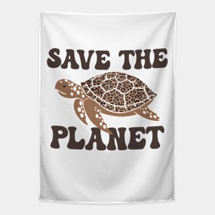 Earth Day Save The Planet Groovy Retro Turtle Leopard Print Tapestry
