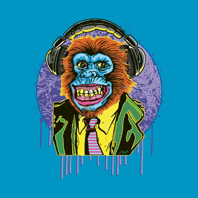 Psychedelic Chimp Sporting Headphones by Mudge