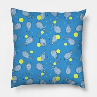 Tennis Seamless Pattern - Racket and Ball on Blue Background Pillow