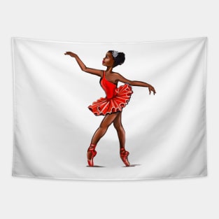 Ballet in red pointe shoes - African American black ballerina doing pirouette in red tutu Tapestry