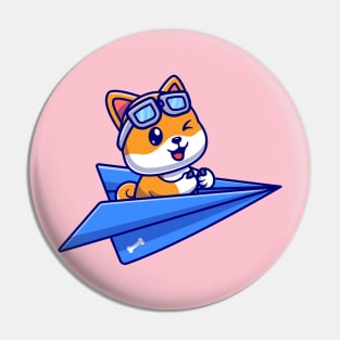 Cute Shiba Inu Dog Pilot Driving Paper Plane Cartoon Pin