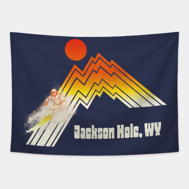 Jackson Hole Wyoming 70s/80s Retro Souvenir Style Skiing Tapestry by darklordpug