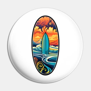 Retro Surfboard on a Vibrant Oceanic Backdrop Pin