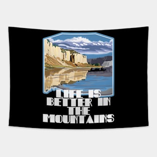 LIFE IS BETTER IN THE MOUNTAINS Retro Vintage Posted Mountain Range Wiht Lake And Adventurers On A Canoe And Kayak Trip Tapestry
