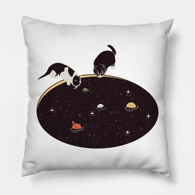 Cat in the pond universe Pillow by Flaxenart