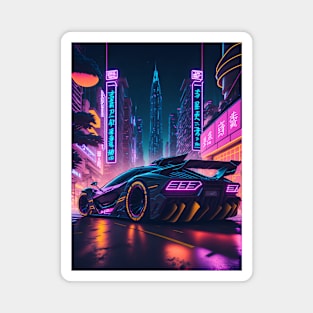 Dark Neon City Sports Car Magnet