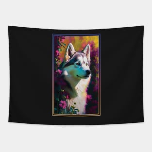 Husky Dog Vibrant Tropical Flower Tall Digital Oil Painting Portrait Tapestry