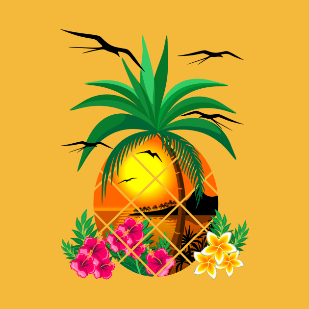 Pineapple Tropical Sunset, PalmTree and Flowers by BluedarkArt