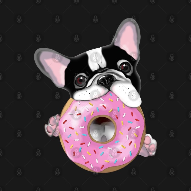 French bulldog lovers, sweet frenchie black and white with pink donuts by Collagedream