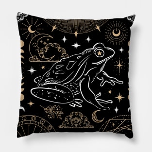 Witchy Frog Under Moon Phases,  Dark Academia Magician, Cottagecore Fairy Magic Pillow