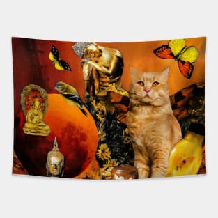 Orange Cat Peaceful Buddha Sunset Heaven Tapestry