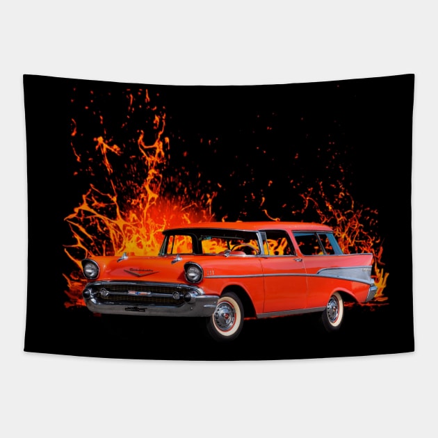 1957 Chevy Nomad in our lava series on front and back Tapestry by Permages LLC