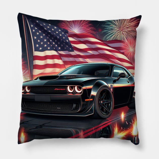 Dodge Challenger Hellcat and The American Flag by Gas Autos Pillow by GasAut0s