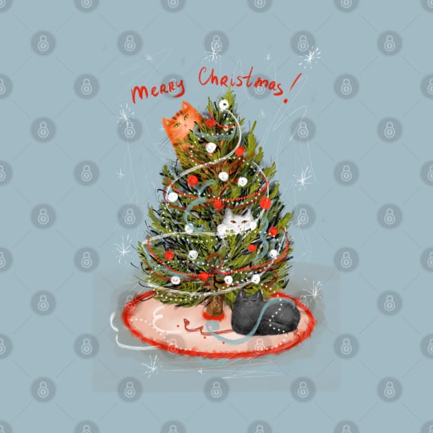 Merry Christmas greeting winter card with cute fluffy cats in red Santa hats and scarves. by Olena Tyshchenko